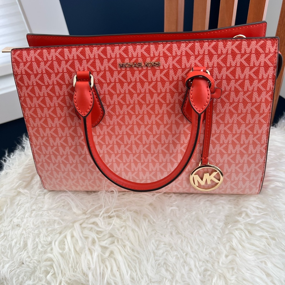 Michael Kors Ombré Coral/White Signature MK Tote with Gold Charm